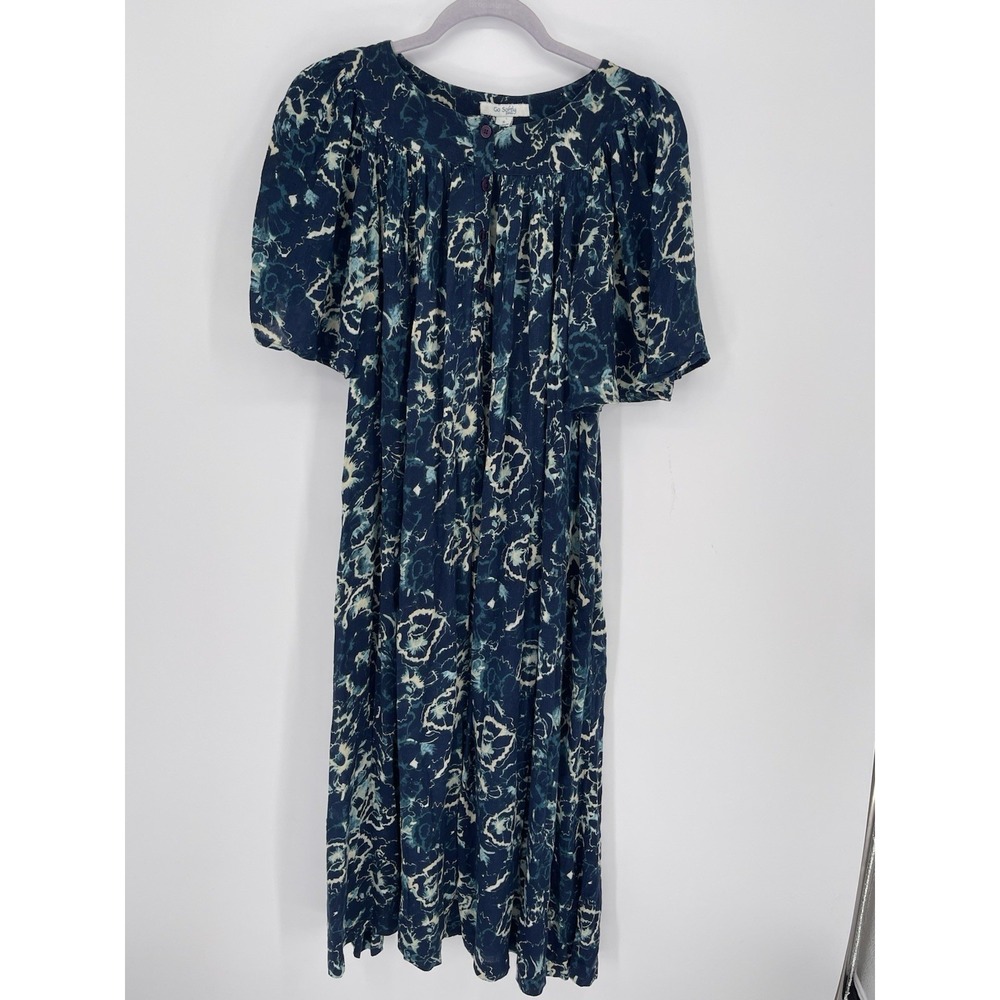 Go Softly Patio Blue Floral Rayon Midi Dress Boho Short Sleeve Small